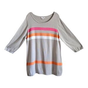 BELLE by KIM GRAVEL Women's L Sweater Beige Pink Orange Striped 3/4 Sleeve 40"